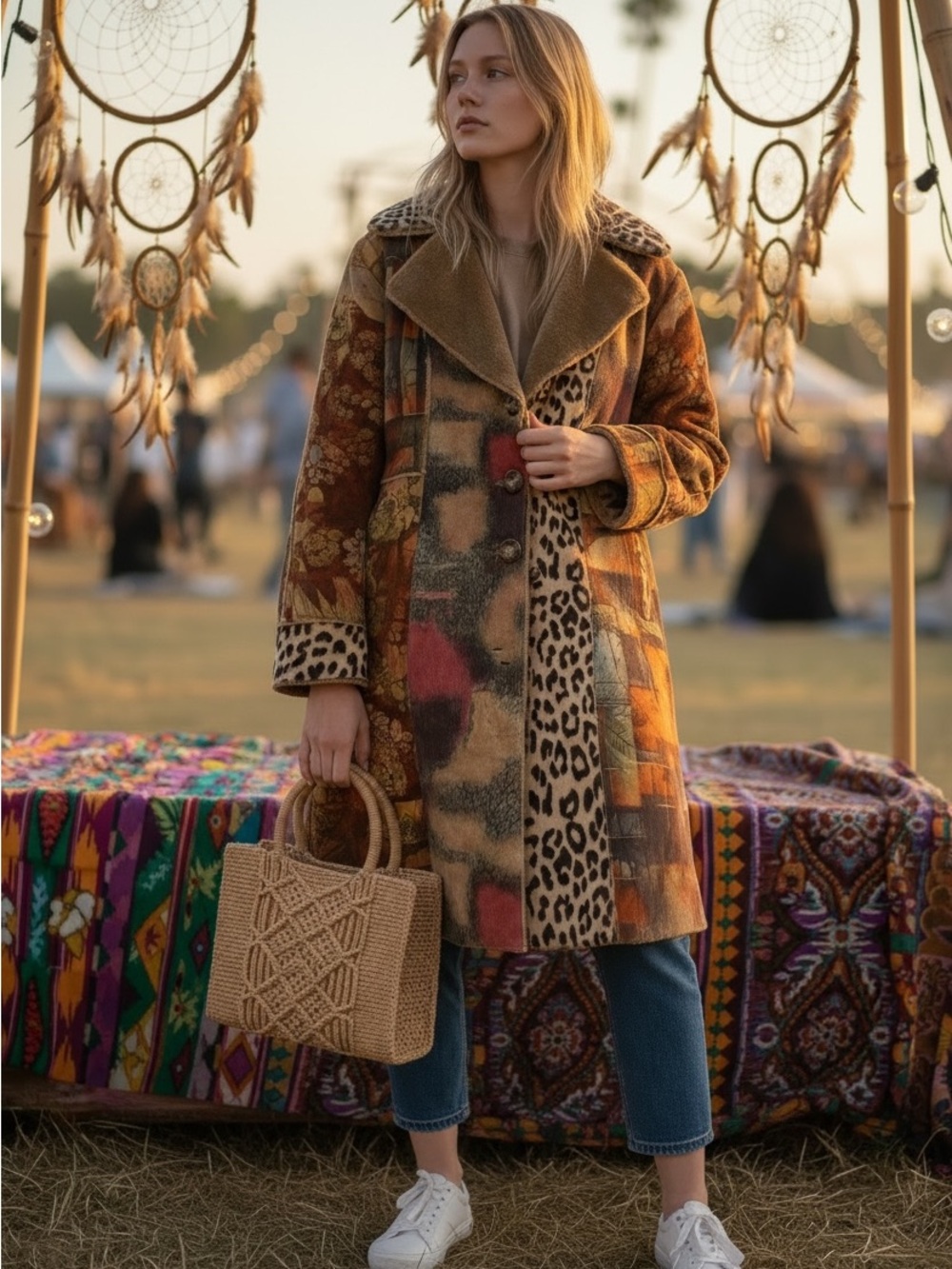 Boho Patchwork Trench Coat with Faux-Shearling Collar - Brown & Tan Fall